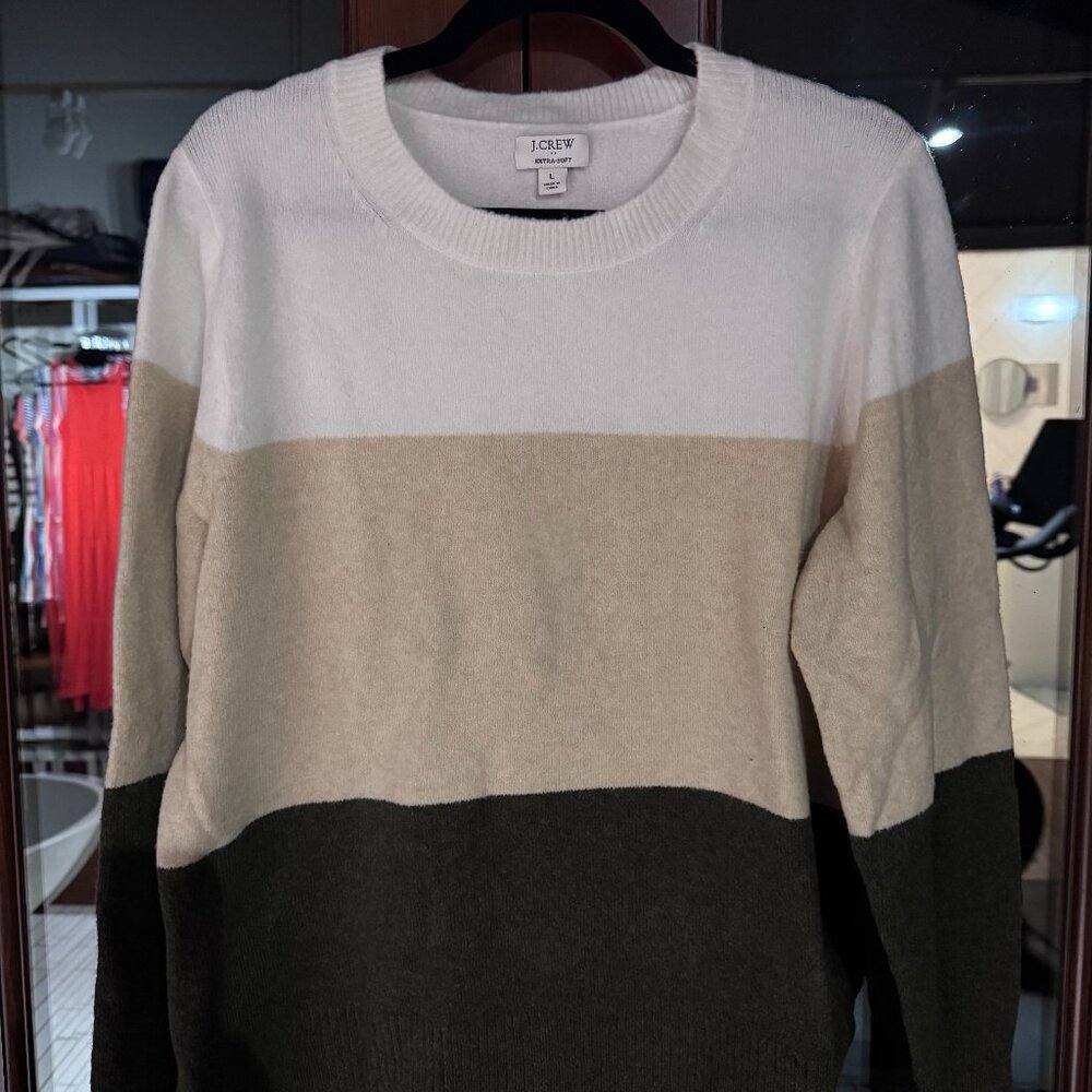 J. Crew Ivory, Beige & Olive Green Colorblock Crewneck Soft Sweater